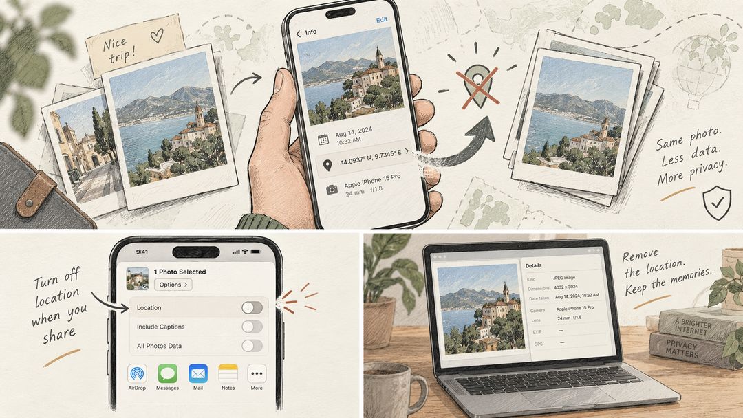 Three scenes: a photo’s details on iPhone with its coordinates, the share sheet with Location turned off, and the photo’s details on a laptop with no GPS data